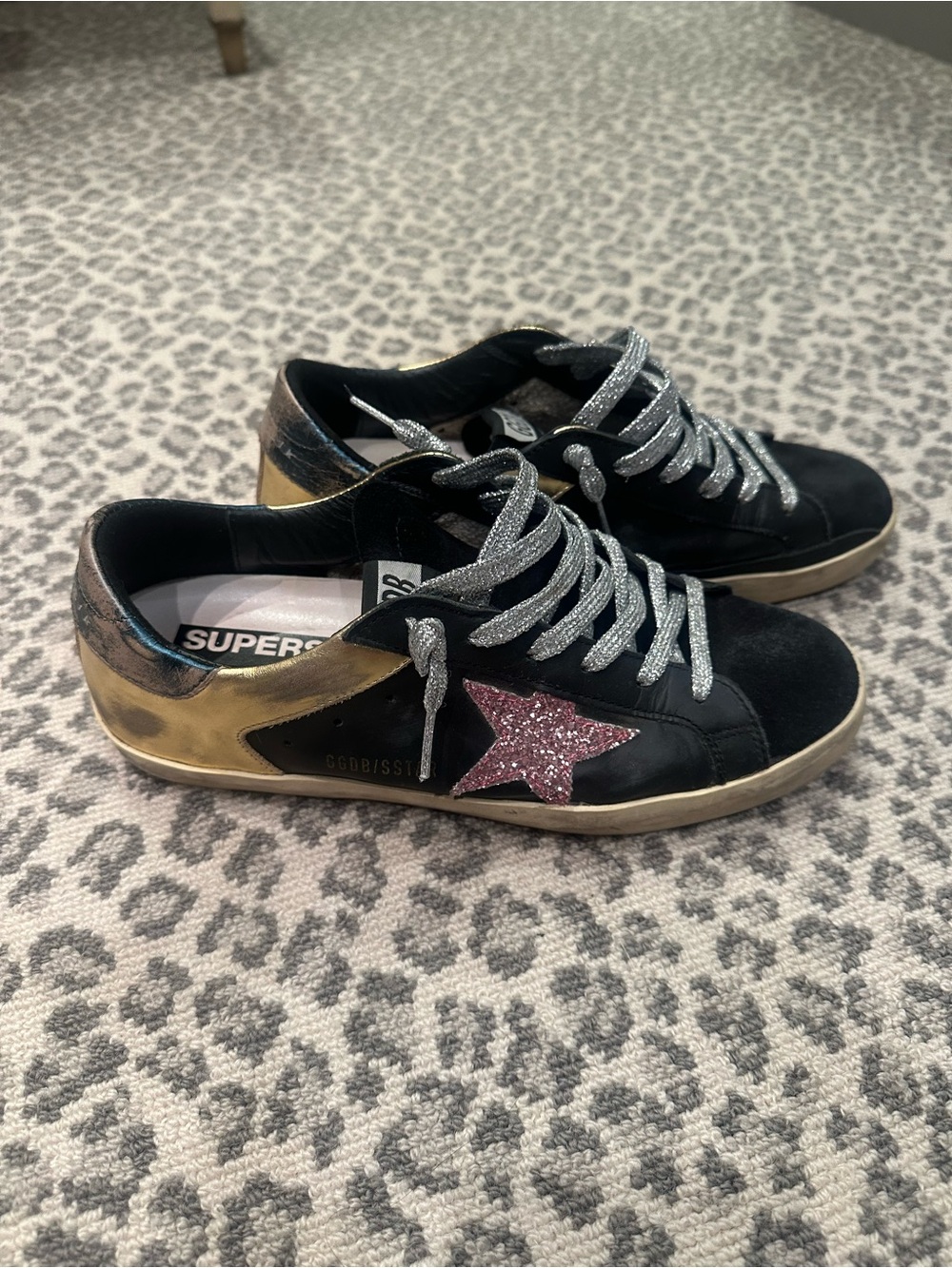 Golden Goose Black Sneakers with Gold Heel and Pink Glitter Star